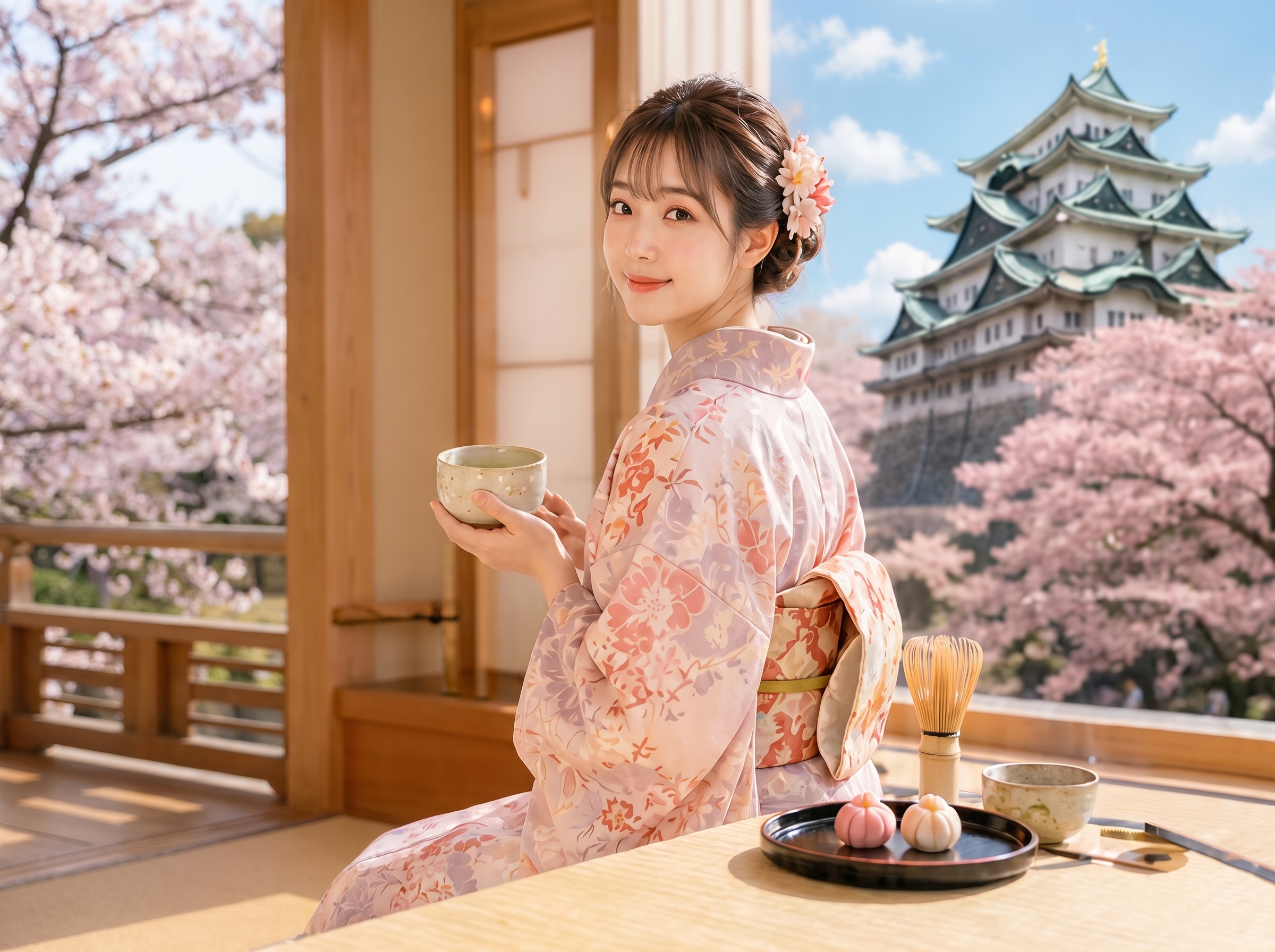 名古屋城を背景に、桜と着物姿の女性が抹茶をいただく / Kimono lady with matcha at Nagoya Castle in spring